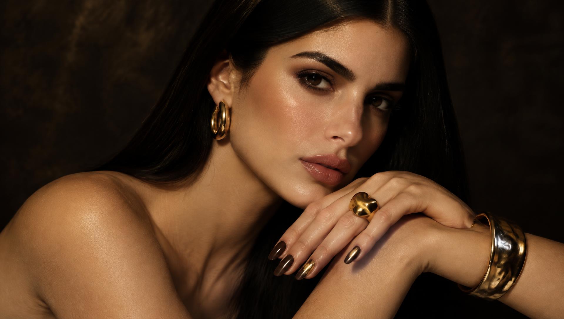 Editorial Benhe com manicure em tons profundos e detalhes dourados
